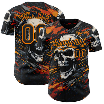 Custom Black-Bay Orange 3D Pattern Design Motorcycle Motocross Skull Authentic Baseball Jersey