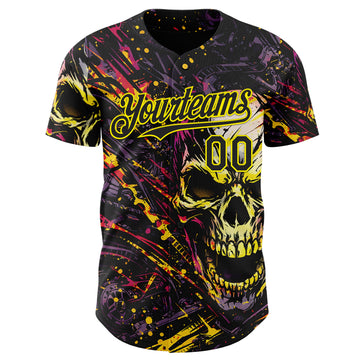 Custom Black-Light Yellow 3D Pattern Design Motorcycle Motocross Skull Authentic Baseball Jersey