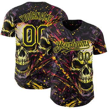 Custom Black-Light Yellow 3D Pattern Design Motorcycle Motocross Skull Authentic Baseball Jersey