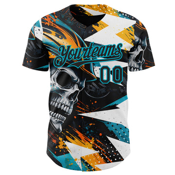 Custom Black Yellow-Lakes Blue 3D Pattern Design Motorcycle Motocross Skull Authentic Baseball Jersey