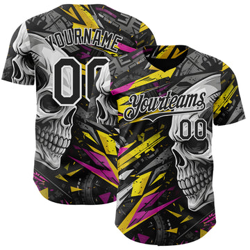 Custom Black Yellow Deep Pink-White 3D Pattern Design Motorcycle Motocross Skull Authentic Baseball Jersey