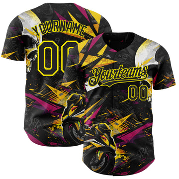 Custom Black Deep Pink-Light Yellow 3D Pattern Design Motorcycle Motocross Skull Authentic Baseball Jersey