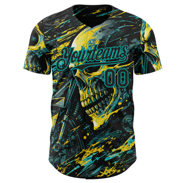Custom Black Yellow-Aqua 3D Pattern Design Motorcycle Motocross Skull Authentic Baseball Jersey