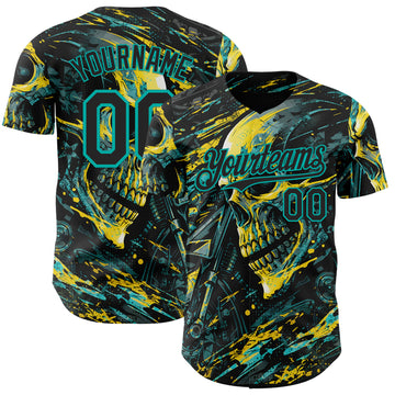 Custom Black Yellow-Aqua 3D Pattern Design Motorcycle Motocross Skull Authentic Baseball Jersey