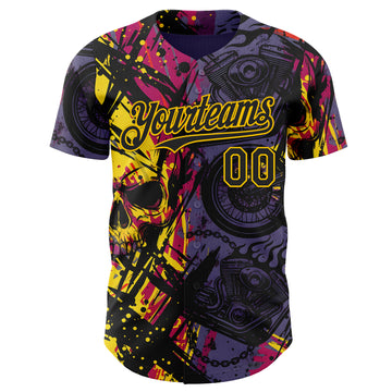 Custom Purple Black Deep Pink-Yellow 3D Pattern Design Motorcycle Motocross Skull Authentic Baseball Jersey