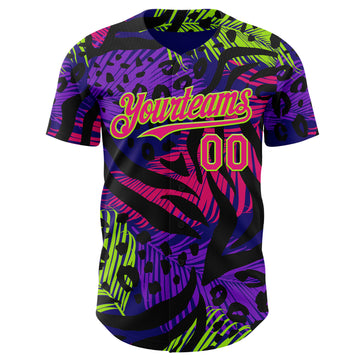 Custom Purple Hot Pink Black-Neon Green Leopard Print Tiger Stripe Leaf Authentic Baseball Jersey