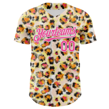 Custom Cream Pink-White Leopard Print Authentic Baseball Jersey