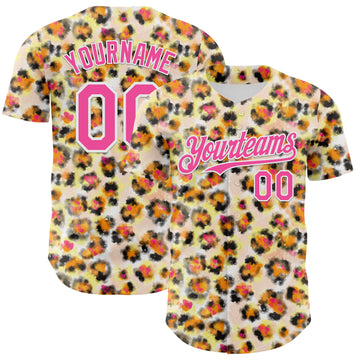 Custom Cream Pink-White Leopard Print Authentic Baseball Jersey