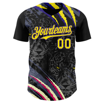 Custom Black Light Yellow-Purple Leopard Print Scratch Authentic Baseball Jersey