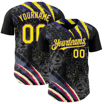 Custom Black Light Yellow-Purple Leopard Print Scratch Authentic Baseball Jersey