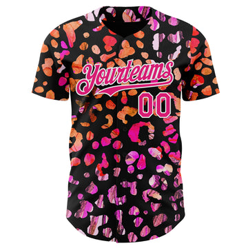 Custom Black Hot Pink-White Leopard Print Authentic Baseball Jersey