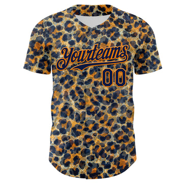 Custom Blue Navy-Bay Orange Leopard Print Authentic Baseball Jersey