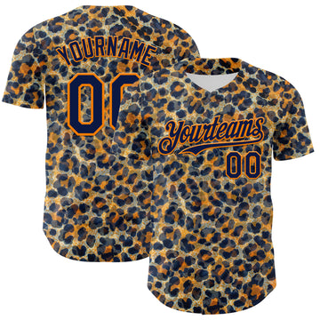 Custom Blue Navy-Bay Orange Leopard Print Authentic Baseball Jersey