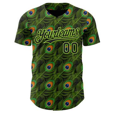 Custom Black-Neon Green Peacock Feather Print Authentic Baseball Jersey
