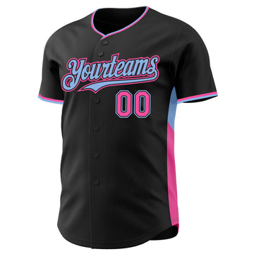 Custom Black Pink-Light Blue Classic Color Block Side Panel Stripe Authentic Baseball Jersey