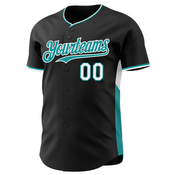 Custom Black Teal-White Classic Color Block Side Panel Stripe Authentic Baseball Jersey