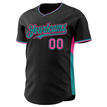 Custom Black Pink-Teal Classic Color Block Side Panel Stripe Authentic Baseball Jersey