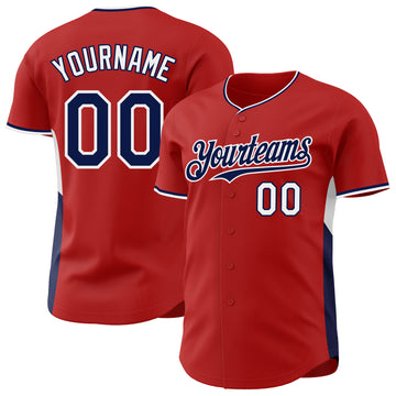 Custom Red Navy-White Classic Color Block Side Panel Stripe Authentic Baseball Jersey