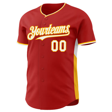 Custom Red White-Gold Classic Color Block Side Panel Stripe Authentic Baseball Jersey