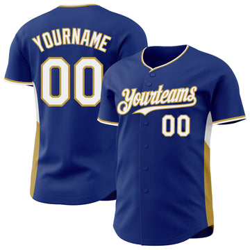 Custom Royal White-Old Gold Classic Color Block Side Panel Stripe Authentic Baseball Jersey
