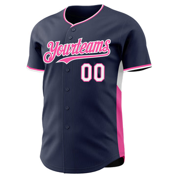 Custom Navy Pink-White Classic Color Block Side Panel Stripe Authentic Baseball Jersey