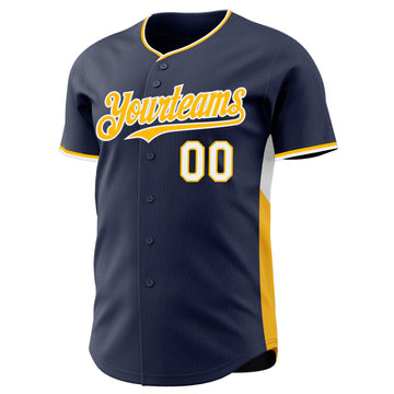 Custom Navy Gold-White Classic Color Block Side Panel Stripe Authentic Baseball Jersey
