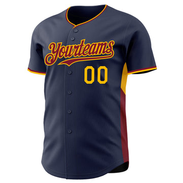 Custom Navy Crimson-Gold Classic Color Block Side Panel Stripe Authentic Baseball Jersey