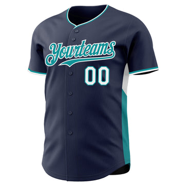 Custom Navy Teal-White Classic Color Block Side Panel Stripe Authentic Baseball Jersey