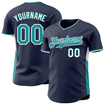 Custom Navy Teal-White Classic Color Block Side Panel Stripe Authentic Baseball Jersey