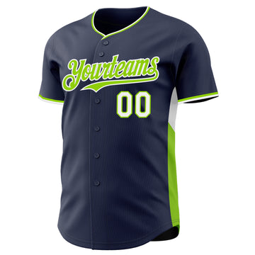 Custom Navy Neon Green-White Classic Color Block Side Panel Stripe Authentic Baseball Jersey