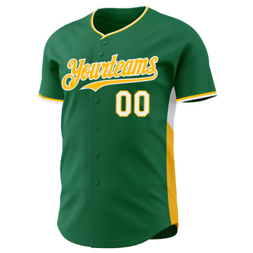 Custom Kelly Green Gold-White Classic Color Block Side Panel Stripe Authentic Baseball Jersey
