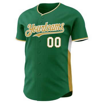 Custom Kelly Green Old Gold-White Classic Color Block Side Panel Stripe Authentic Baseball Jersey