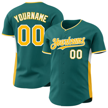 Custom Teal Gold-White Classic Color Block Side Panel Stripe Authentic Baseball Jersey