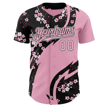 Custom Light Pink Black-White Cherry Blossoms Sakura Authentic Baseball Jersey