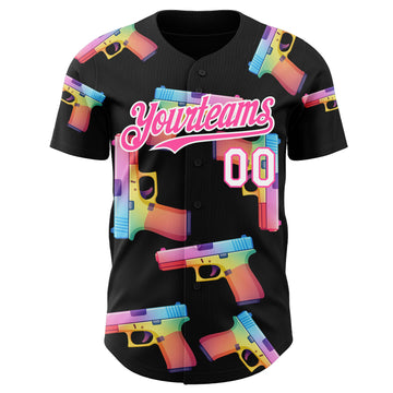 Custom Black Pink-White Colorful Firepower 3D Pattern Design Authentic Baseball Jersey