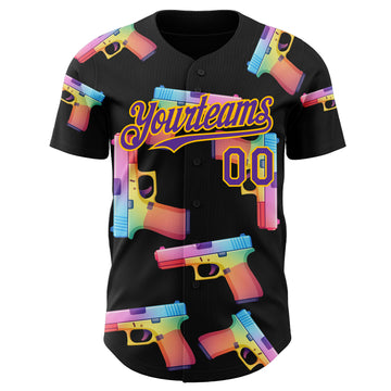 Custom Black Purple-Gold Colorful Firepower 3D Pattern Design Authentic Baseball Jersey