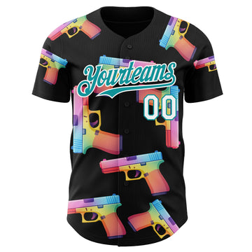 Custom Black Teal-White Colorful Firepower 3D Pattern Design Authentic Baseball Jersey
