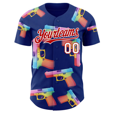 Custom Royal Red-White Colorful Firepower 3D Pattern Design Authentic Baseball Jersey