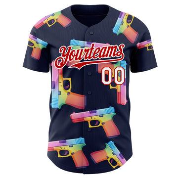 Custom Navy Red-White Colorful Firepower 3D Pattern Design Authentic Baseball Jersey