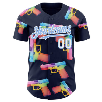 Custom Navy Light Blue-White Colorful Firepower 3D Pattern Design Authentic Baseball Jersey