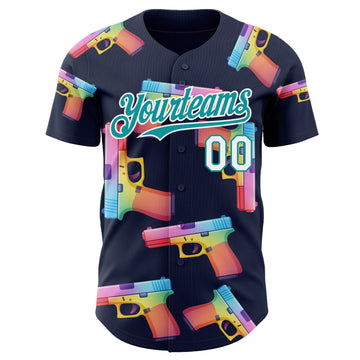 Custom Navy Teal-White Colorful Firepower 3D Pattern Design Authentic Baseball Jersey