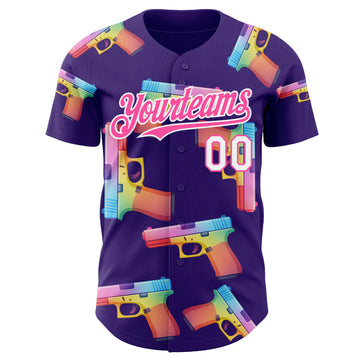 Custom Purple Pink-White Colorful Firepower 3D Pattern Design Authentic Baseball Jersey