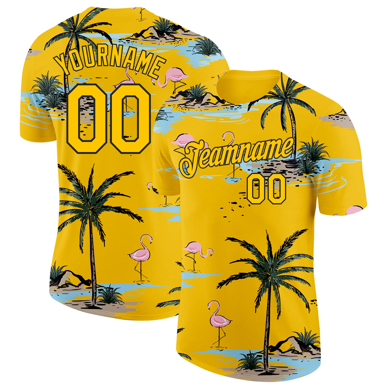 Custom Yellow Black Hawaii Palm Tree Flamingo T-Shirt Tropical Summer Mens