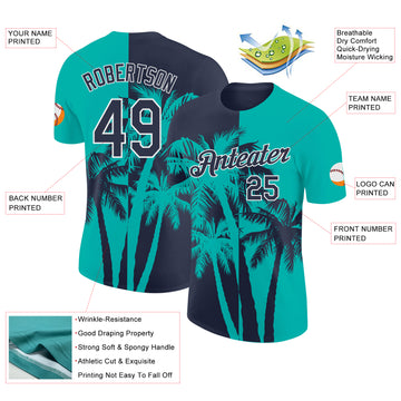 Custom Aqua Navy-White Hawaii Tropical Coastal Palm Trees Performance T-Shirt