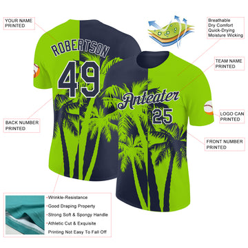 Custom Neon Green Navy-White Hawaii Tropical Coastal Palm Trees Performance T-Shirt