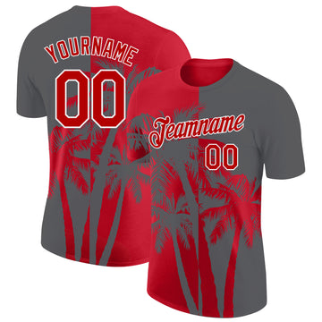 Custom Steel Gray Red-White Hawaii Tropical Coastal Palm Trees Performance T-Shirt