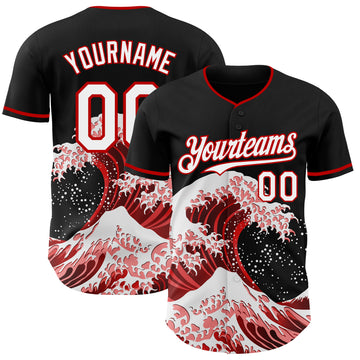 Custom Black White-Red Japanese Wave 3D Pattern Design Authentic Baseball Jersey