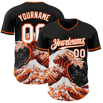 Custom Black White-Orange Japanese Wave 3D Pattern Design Authentic Baseball Jersey