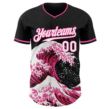 Custom Black White-Pink Japanese Wave 3D Pattern Design Authentic Baseball Jersey