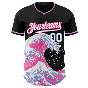 Custom Black White Pink-Light Blue Japanese Wave 3D Pattern Design Authentic Baseball Jersey